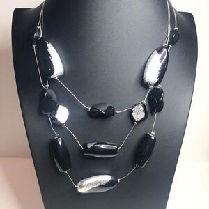 147 CHICO'S Black silver bold art deco Layered station statement necklace 17-21"